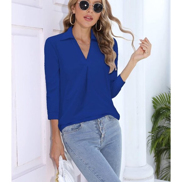 Women Blue Work Blouse Collared V Neck Shirt Loose Fit Top Public Occasion - Picture 5 of 6